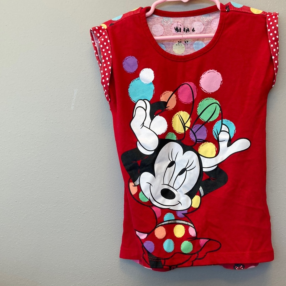 5T Girls Red minnie mouse Cartoon and polka dotted shirt Cap Sleeves